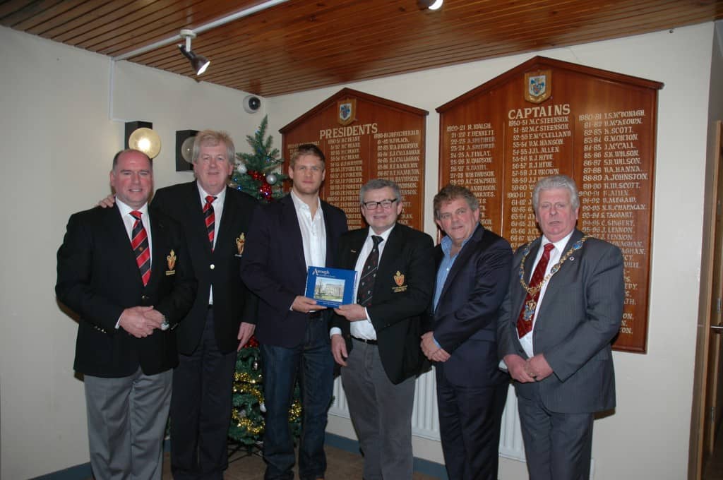 Ireland & Ulster player, Chris Henry, attends the pre-match lunch prior to the Armagh v Sligo match. Pictured (l-r) Andrew Nesbitt Past President, Raymond Donnelly Club Vice President, Chris Henry, Alan Johnston Club President, Adrian Logan, compere & Councillor Robert Turner Lord Mayor of Armagh.