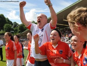 Armagh Ladies team manager, James Daly greets the final whistle of the TG4 Ulster Ladies Senior Championship Final with sheer delight as his Orchard charges denied Monaghan five consecutive titles, in a pulsating encounter at Clones on Sunday.  ©ConorGreenanPhotography