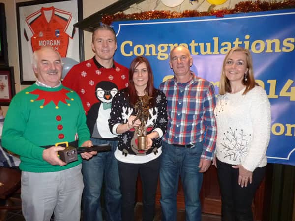 Silverbridge Chairman John Murphy makes a presentation to Mairead with her All Star Award. Also pictured: Jarlath Burns (Secretary) Noel Reel (Vice Chairman), Rosie Burns (PRO)