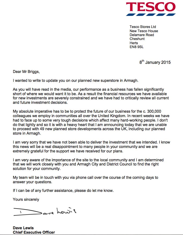 The letter from Tesco CEO Dave Lewis to Armagh Council leader John Briggs