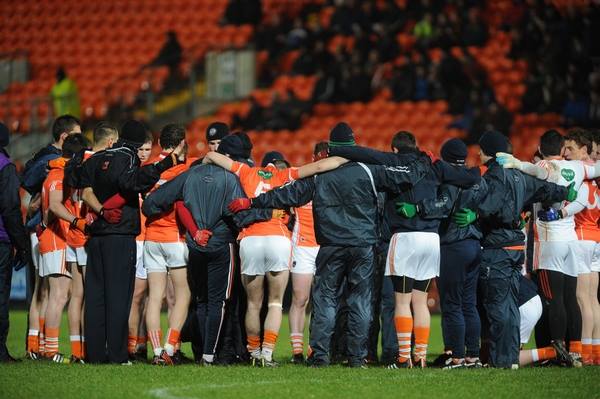 Armagh GAA players in a pre-match huddle. Photo by John Merry