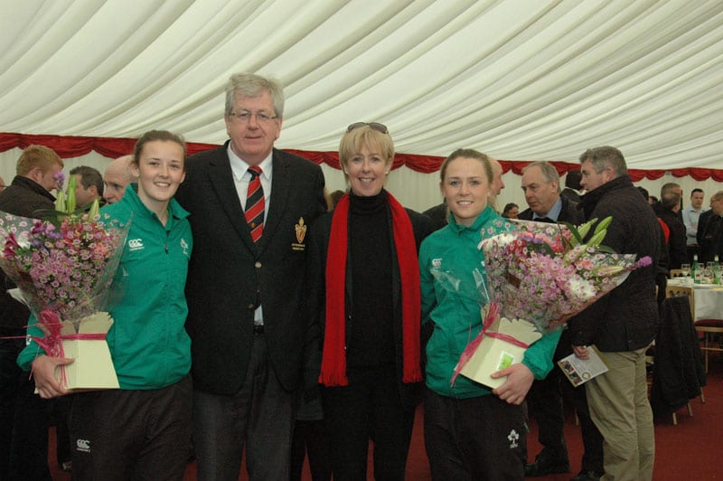 Armagh Rugby Club President (Raymond Donnelly) & Vice-President (Shirly-Ann Donaldson) with Irish Lady International Rugby Stars Nikki Caughey & Ashley Baxter.