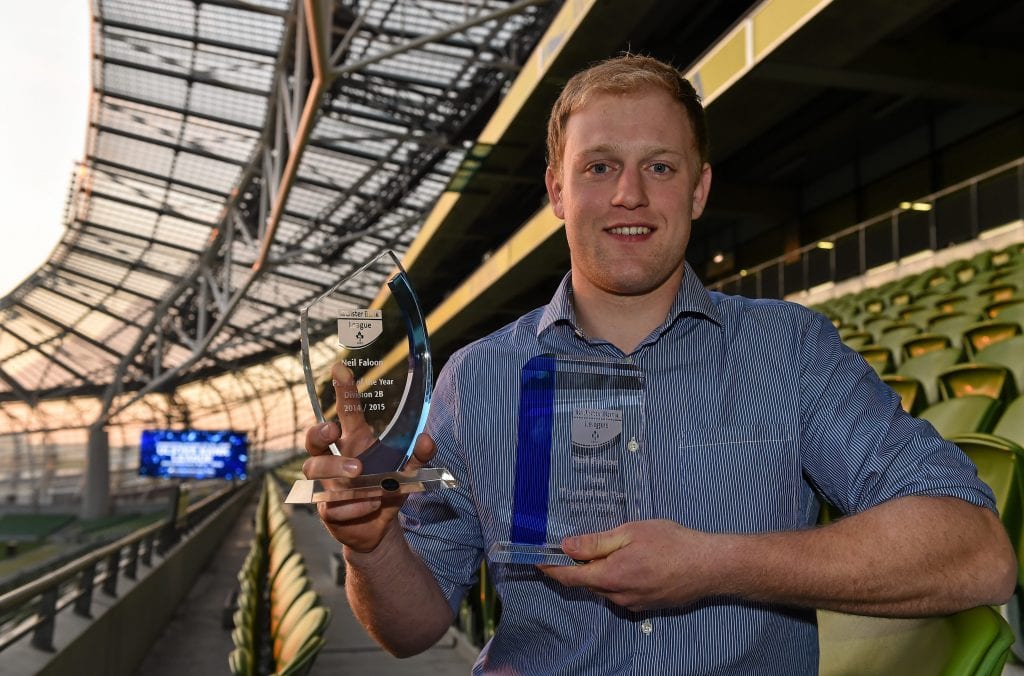 14 May 2015; City of Armagh player Neil Faloon collected two awards at this years Ulster Bank League Awards held at the Aviva Stadium, Dublin last night (Thursday 14 May). Irelands Head Coach Joe Schmidt presented Neil with the Ulster Bank Ulster Player of the Year Division 2B award and the Ulster Bank Ulster Player of the Year trophy. Local Ulster club players who featured on the awards shortlist included Ballynahinchs Ross Adair who was shortlisted in both the Rising Star and Ulster Provincial Player of the Year categories, Sean Taylor from Ballymena, named in 1B Division Player of the Year category and in the Ulster Provincial Player of the Year category along with Belfast Harlequins Frank Taggart. Queens University PROs Ryan Clarke and Keelan Durnien were also shortlisted in the Ulster Bank PRO of the Year. For more information on the Ulster Bank League Awards, go to www.facebook.com/ulsterbankrugby or find Ulster Bank Rugby on Twitter. Aviva Stadium, Lansdowne Road, Dublin. Picture credit: Brendan Moran / SPORTSFILE *** NO REPRODUCTION FEE ***