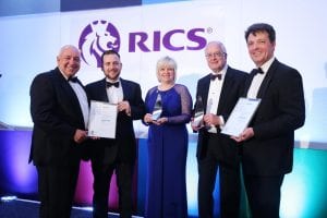 Pictured at the RICS Awards are Clifford Forbes, Community Development Officer, Michael Ruddy, Parks Development Officer, Diane Clarke, Acting Head of Community Development (Craigavon), Alderman Kenneth Twyble, Chair of the SPACE Steering Committee and Andrew Haley, Director of The Paul Hogarth Company