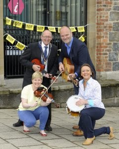 Armagh City, Banbridge & Craigavon Borough Council Deputy Mayor Cllr Brendan Curran  along with Ralph McLean (BBC), Assistant Arts & Events Officer Danielle Fegan, Yvonne Jackson (Banbridge Traders) launch year's Buskfest which will take place in Banbridge on Saturday 25th June ©Edward Byrne Photography