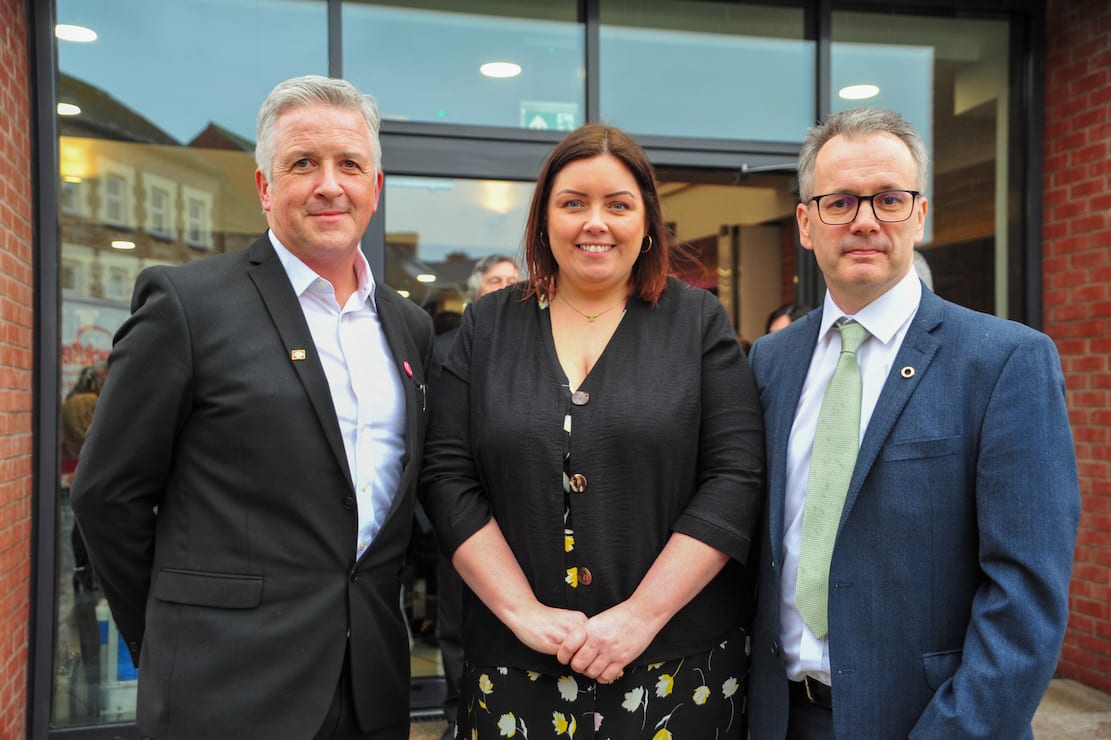 Pictured at the official opening of Aonach Mhacha, the new Irish language centre in Armagh, is Communities Minister Deirdre Hargey with Gearóid Ó Machail, Director of Aonach Mhacha and Réamonn Ó Ciaráin, Chairman of Aonach Mhacha