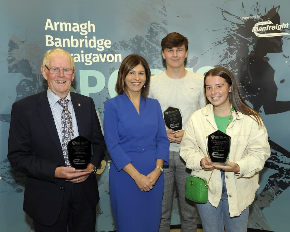 Young Volunteer Awards sponsored by Armagh City, Banbridge and Craigavon Borough Council. Council Deputy Chief Executive Charlene Stoops congratulates the award winners Kate Crilly from St Brenda’s Camogie Club, Ballymacnab) with her grandad Dessie Crilly accepting the award on her behalf, Hannah Brownlee from Portadown Ladies Hockey Club and Ben Robinson from Banbridge and Rathfriland Karate Club.