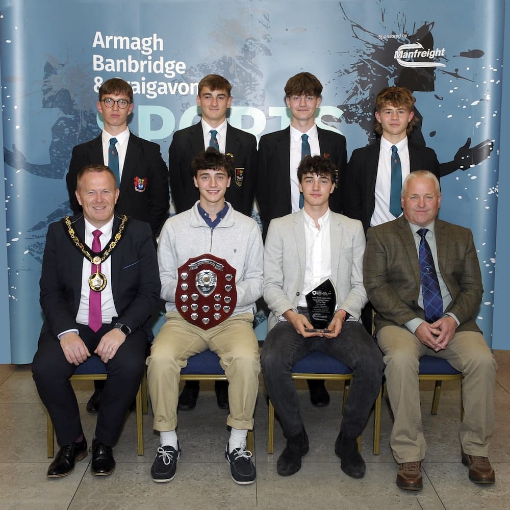 Banbridge Academy 1st XI Boys Hockey Team win the Youth School Team Award sponsored by Armagh City, Banbridge and Craigavon Borough Council. Lord Mayor Councillor Paul Greenfield and Maurice Mayne from Armagh, Banbridge and Craigavon Sports Forum present the award.