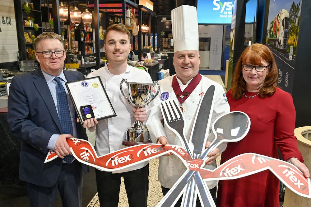 Ben Armstrong, from Armagh, has been named DAERA NI Chef of the Year during IFEX 2024. Pictured are, from left, Toby Wand, Managing Director of 365 Events, organisers of IFEX, Ben Armstrong, DAERA NI Chef of the Year, Sean Owens, Salon Culinaire BelfastDirector and Alison Chambers, Director of DAERA’s Sustainable Agri-Food Development Division