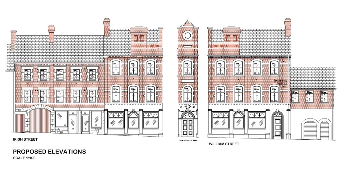 Proposed elevations for the Bank House development in Dungannon