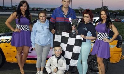 ProStock Final Winner David Wright receives his trophy from Shannon Ward Aaron Ward and Kiera McConnell on behalf of ASC Cars at Tullyroan Oval on Saturday Night