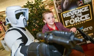 Pictured with a stormtrooper is 7 year old Lennon Dornan from Craigavon on a speeder bike ahead of the Revenge of the Force exhibation at Rushmere Shopping Centre this weekend