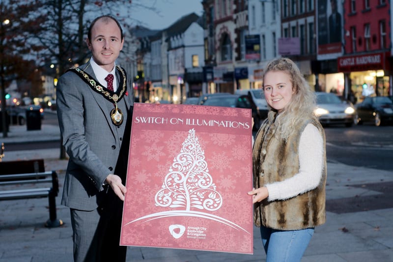 Getting ready for the switch on is Lord Mayor of Armagh, Banbridge, Craigavon, Cllr Darryn Causby with singer Emma Horan.