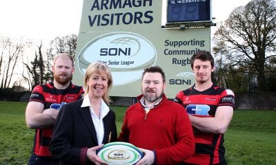 Players Robbie (R) and Neil Faloon (L - Captain) join Club President Shirley Anne Donaldson with Project Manager at SONI, Shane Brennan to celebrate the new sponsorship.