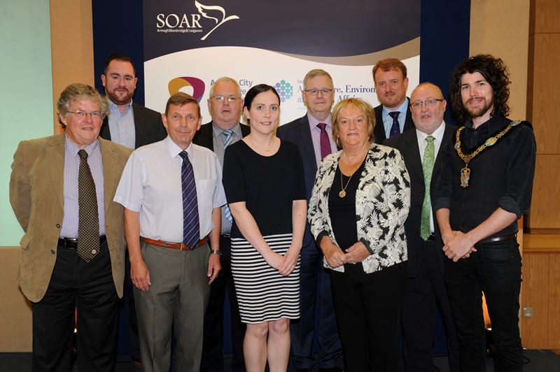 Back Row: Mr Dominic Kearns, Managing Director B4B Group; Mr Jerome Burns, Contracts Manager DAERA; Mr Tony O’Neill, Chairperson of AFSB; Cllr Colin McCusker, Chairperson of Economic Development and Regeneration Committee. Front Row: Mr Richard Wright, MC; Mr Tom Fiarbairn, Managing Director Eco Depo; MS Astrid Stuart, Head of Rural Needs Act Implementation Team DAERA; Ms Angela O’Hagan, Manager of Loughgiel Community Association; Cllr Joe Nelson, Chairperson of SOAR (ABC) LAG; Lord Mayor Councillor Garath Keating.