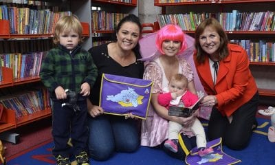 Pictured in photo at Armagh Library (L-R): Josh Oates (aged2) Natasha Sayee (SONI) Polly Pocket with Myia Wilson (6 months) & Liz Canning (Book Trust)