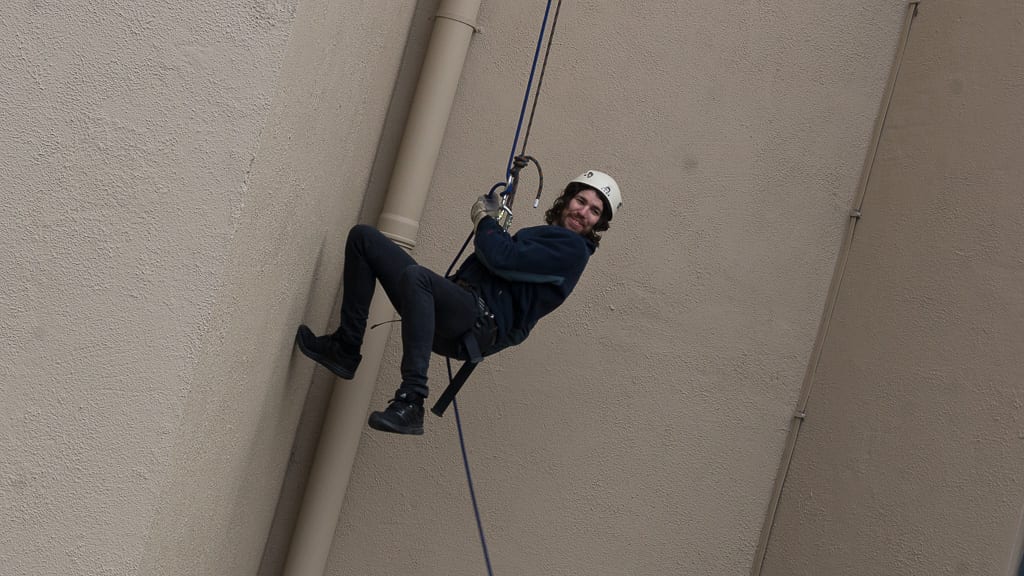 Lord Mayor Gareth Keating abseils down the Armagh City Hotel all in aid of the Southern Area Hospice