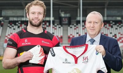 Armagh RFC's James Hanna with Senior Manager at SONI Nick Fullerton, launching SONI's 'Player of the Round' at Kingspan Stadium