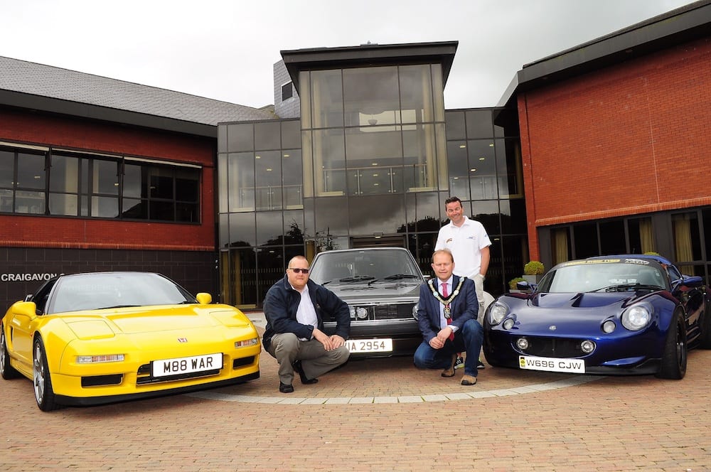 Lord Mayor of Armagh Gareth Wilson, with Andrew Patterson and Godfrey McCartney, launches Coffee 'n Cars at Craigavon Civic Centre