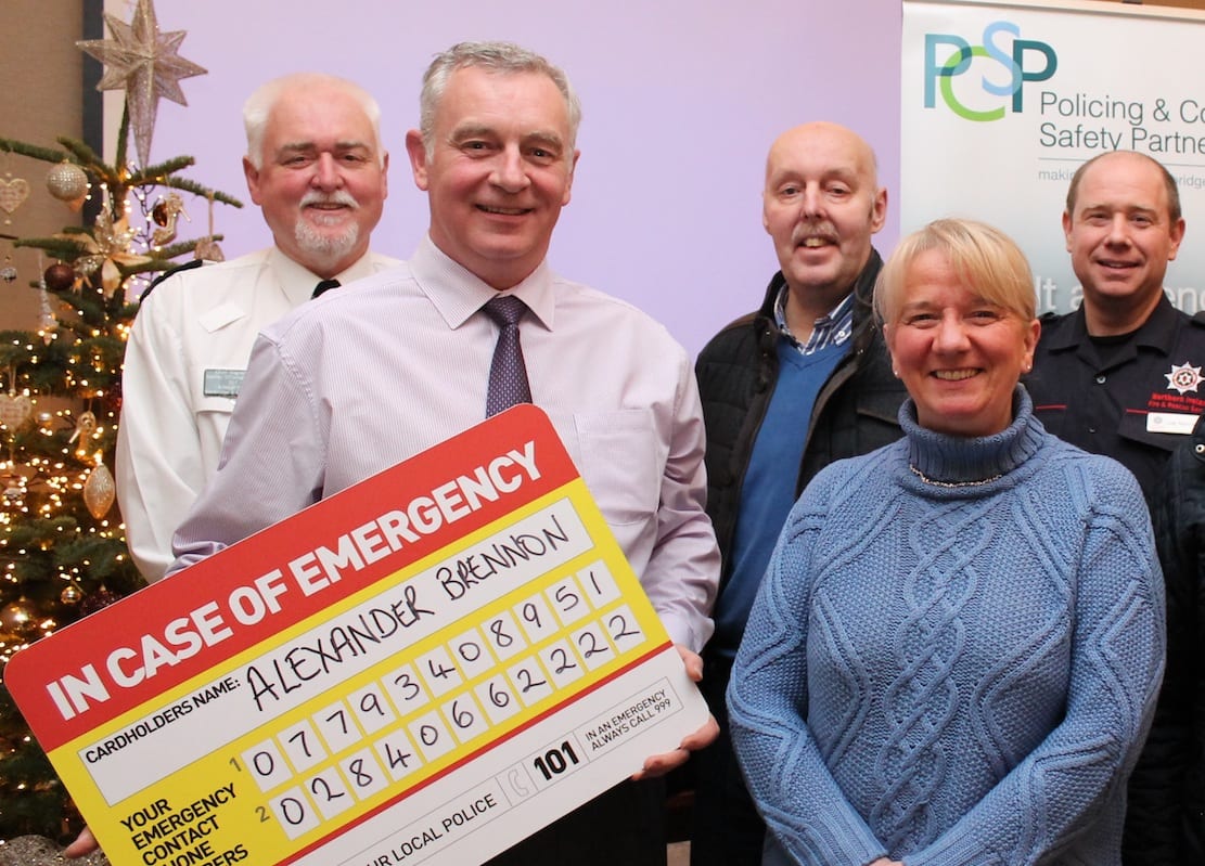 Pictured at the launch of the ‘in case of emergency card’ (ICE Card) Chief Inspector Barney O’Connor, PCSP Project Officer Billy Stewart, PCSP members Alderman Junior McCrum and Beverley Burns, Crew Commander Lee Murray, NIFRS