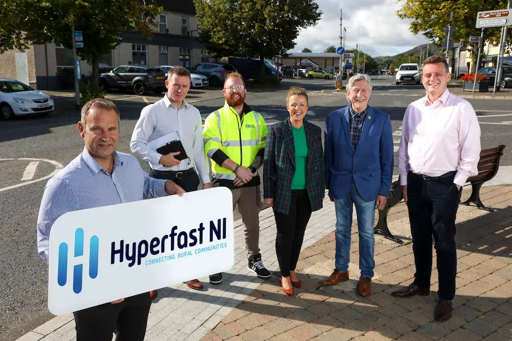 Welcoming the news that next generation access (NGA) gigabit capable broadband services are now available in the wider Newry area are (L-R): Shane Haslem, Chief Operating Officer at Fibrus; Justin McNulty MLA; Gary Annette, Senior Installations Manager, Fibrus; Liz Kimmins MLA; Mickey Brady MP; SDLP’s Killian Feehan.