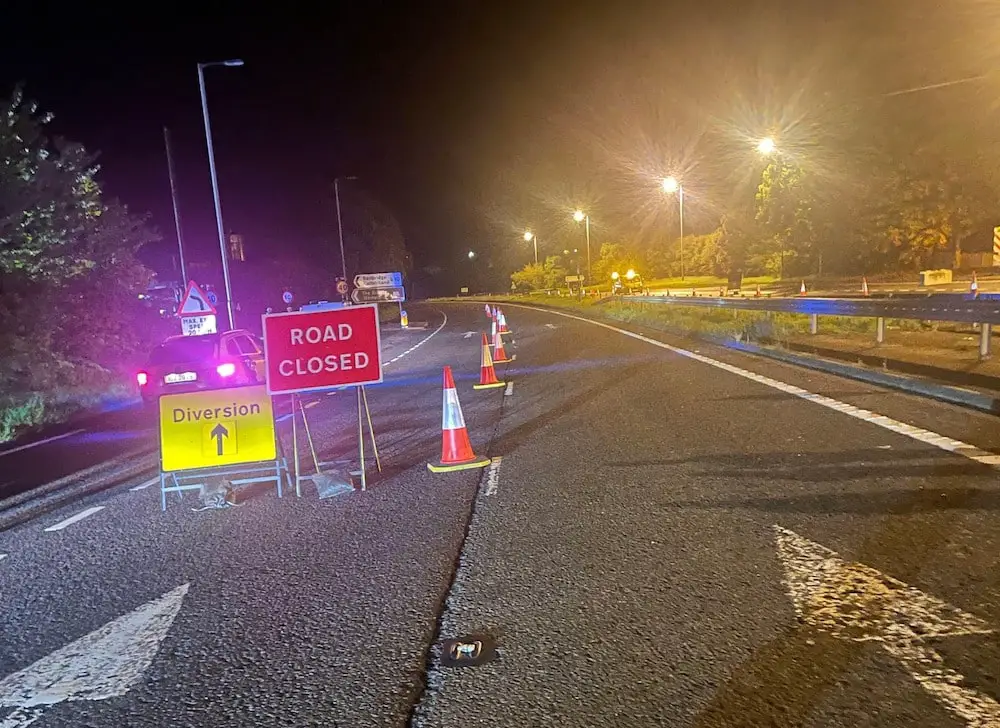 Drink driver almost crashes into night time road worker on A1 in