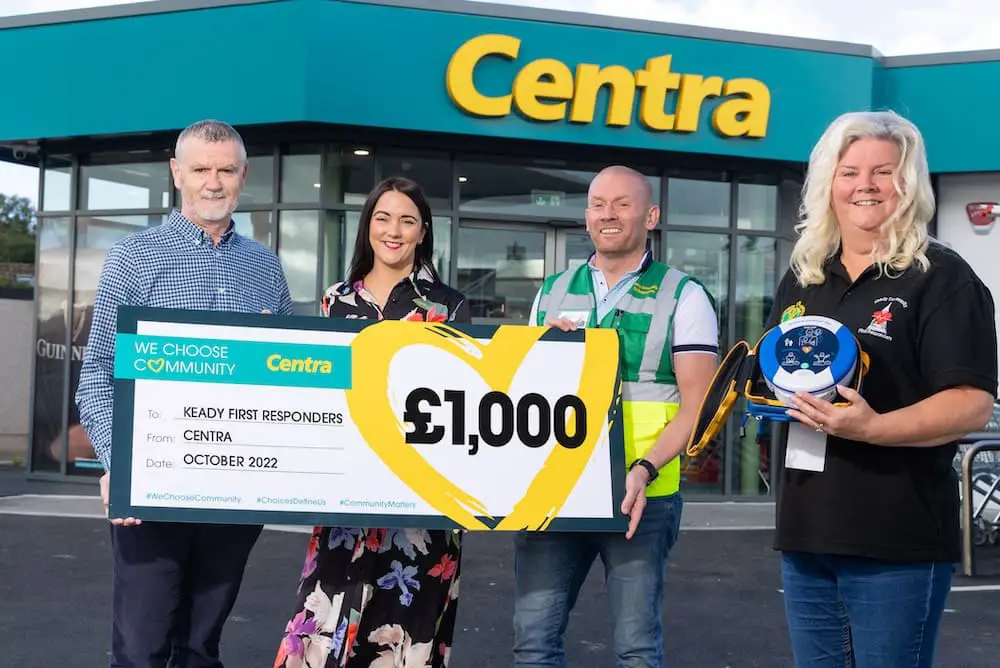 From L-R: Damien McGlennan, co-owner Centra Keady; Jennifer Morton, Centra Brand Manager; Adrian Cassidy, Keady First Responders Volunteer; Martina Conway, Keady First Responders Volunteer