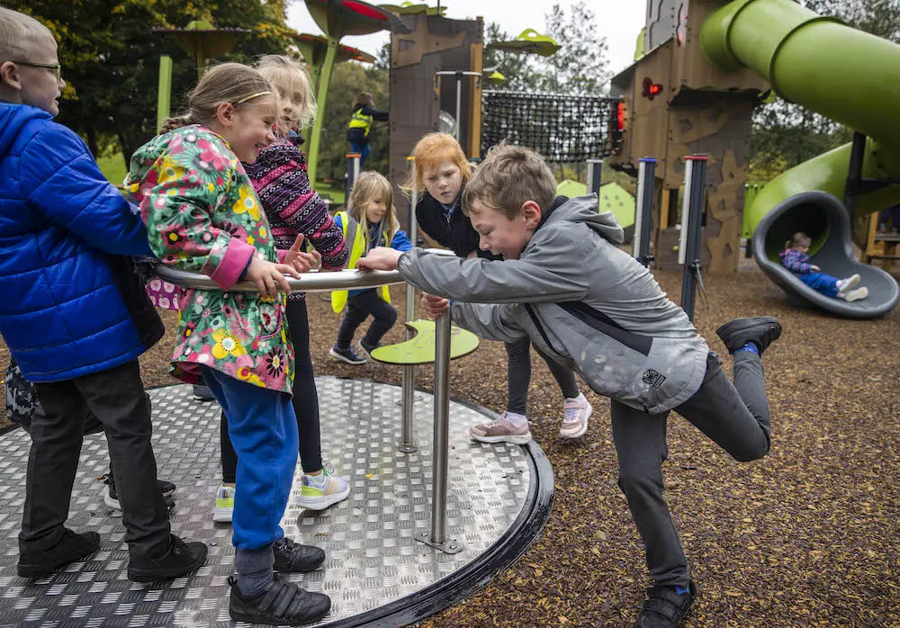 School children from neighbouring Scarva PS give the seal of approval to brand new Scarva Play Park.