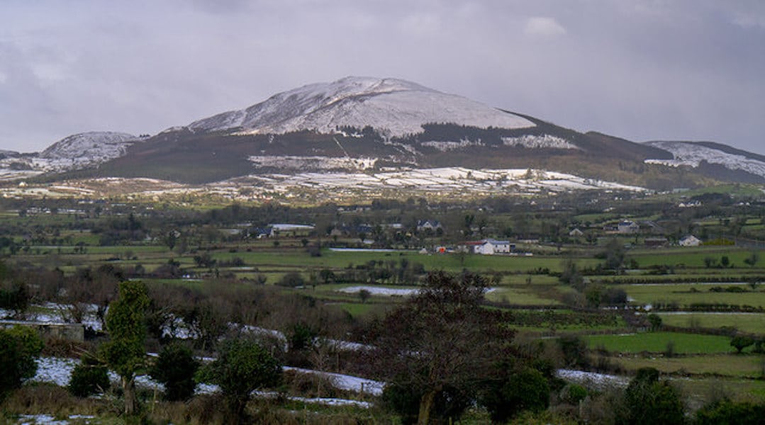 The view north from Moyry Castle in south Armagh towards a snow-capped Slieve Gullion.