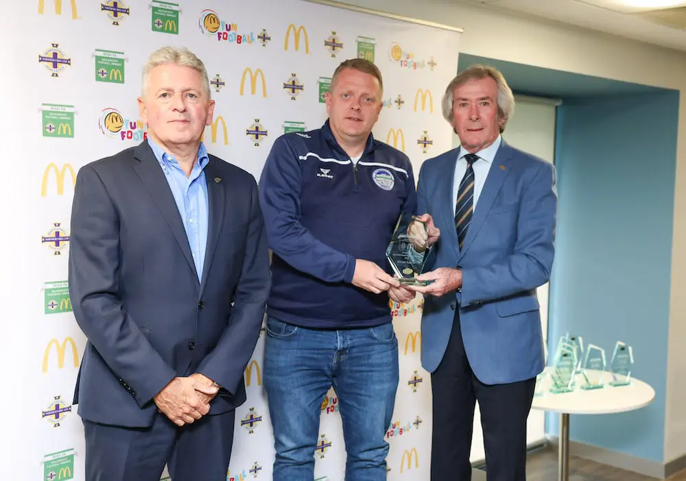 Fun Football Ambassador Pat Jennings, McDonald’s Franchisee John McCollum and Ross McLean from Riverdale Youth FC