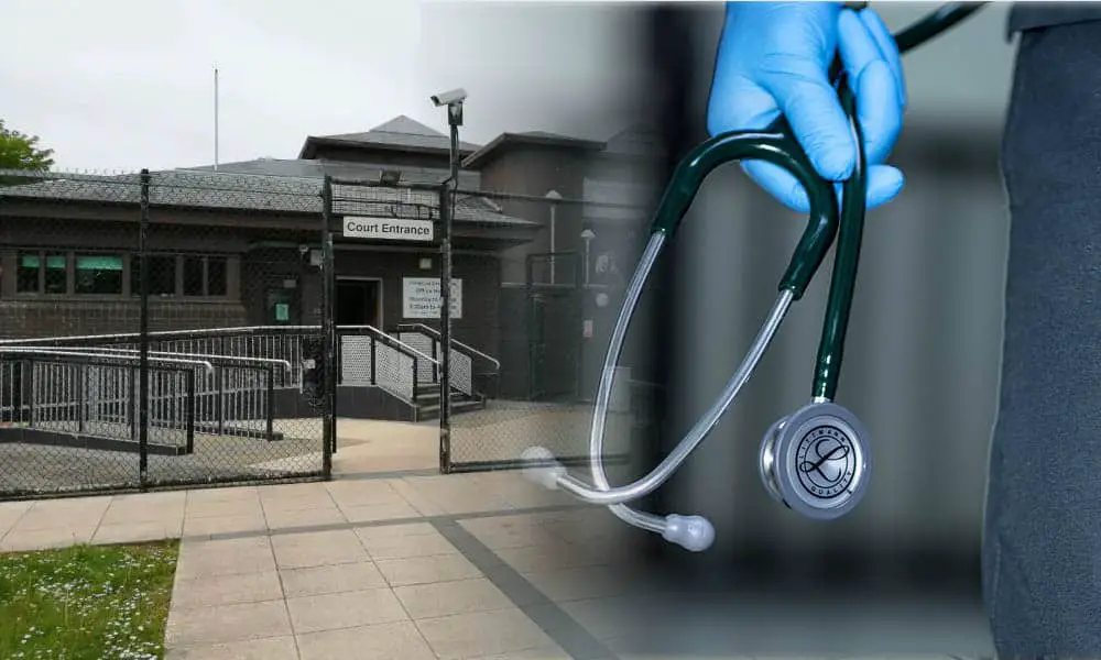 Doctor holding a stethoscope with Craigavon courthouse in the background