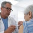 A doctor administering a flu vaccination to an elderly patient