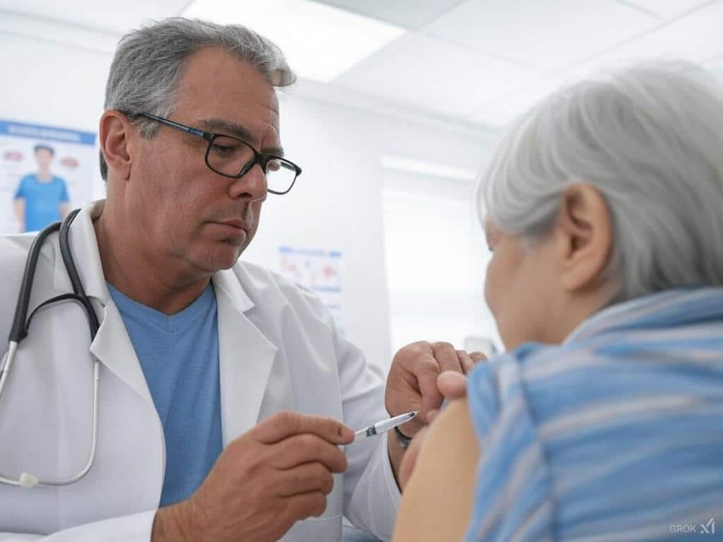 A doctor administering a flu vaccination to an elderly patient