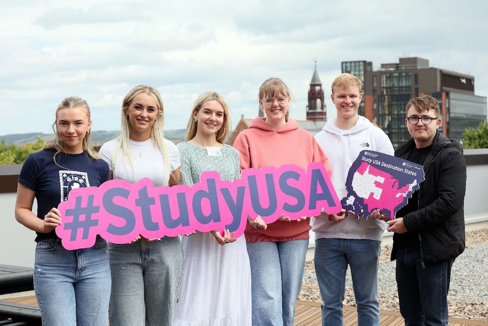 From left: Caoimhe Taylor (Armagh), Abigail Wilson (Craigavon), Kathryn McKittrick (Craigavon), Rebekah Burnside (Craigavon), Andrew Harris (Portadown) and Jamie McShane (Craigavon), are set for a year in the US through the British Council’s Study USA programme