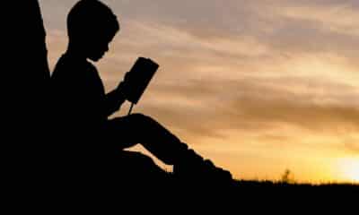 Silhouette of young boy reading a book
