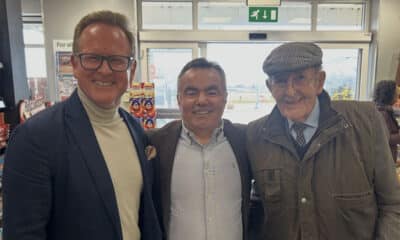 Andrew Wright, Geoffrey Agnew, Henderson Group co chairman, and Andrew's father, Reggie Wright.