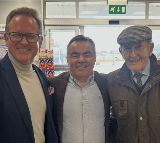 Andrew Wright, Geoffrey Agnew, Henderson Group co chairman, and Andrew's father, Reggie Wright.