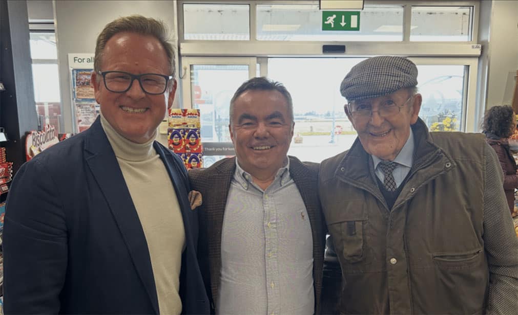 Andrew Wright, Geoffrey Agnew, Henderson Group co chairman, and Andrew's father, Reggie Wright.